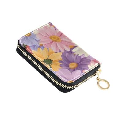 Imagem de Carteira feminina para cartão de crédito com bloqueio de RFID, carteira de couro com zíper e bolsa para moedas, margarida, floral, roxo