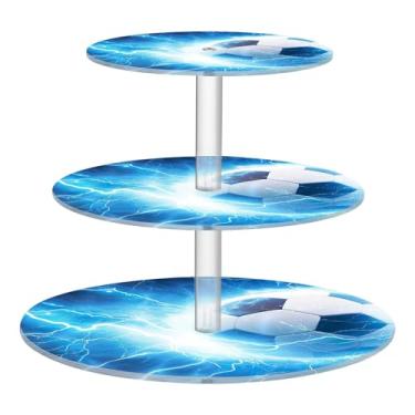 Imagem de Suporte de cupcake de 3 níveis para festa, copo de chá de bebê, torre de bolo, bola de futebol, azul, relâmpago, suporte de sobremesa, exibição de mesa, bandejas de comida personalizadas