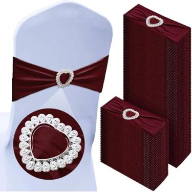 Imagem de 100 faixas de cadeira de elastano com fivela em forma de coração, faixa elástica universal, laços elásticos universais para decoração de festa de banquete de casamento (bordô)