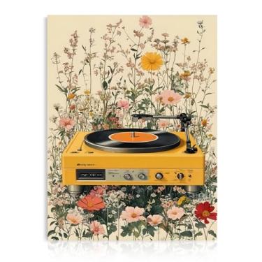 Imagem de Dazzlewall Bohemain Decoração de arte de parede de flores silvestres, vintage floral amarelo CD Player impressão flores pôster musical para quarto sala de estudo, 30 x 40 cm sem moldura