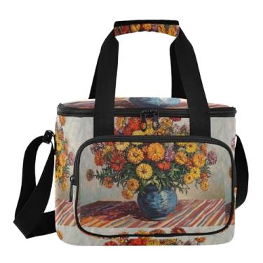 Imagem de Lancheira térmica vintage Zinnia vermelho calêndula, bolsa térmica para praia, bolsa térmica