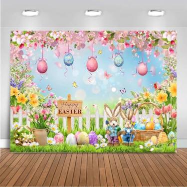 Imagem de Mocsicka Pano de fundo para fotos de primavera e páscoa para jardim de flores de primavera feliz páscoa decorações de festa borboleta coelho coelho caça ovos adereços para cabine de fotos 70,8 x 43,3