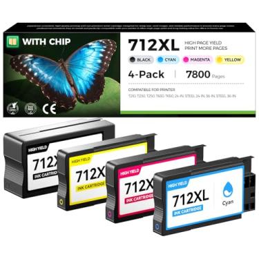 Imagem de Cartucho de tinta 712XL Combo Pacote de substituição de alto rendimento para HP 712 712XL cartuchos de tinta funciona para impressoras HP Designjet T650 T630 T230 T210 Studio Plotter (pacote com 4, 80
