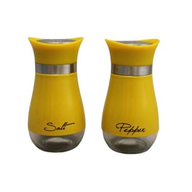 Imagem de Conjunto de saleiro e pimenteiro de aço inoxidável para cobertura de vidro com "sal" e "pimenta" impresso na frente, sem BPA, dispensadores de especiarias com capacidade de 125 g (amarelo)