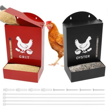 Imagem de Alimentador de casca de ostra de galinha de metal e alimentador de grãos com tampa e orifícios de drenagem, design alimentado por gravidade para galinhas, pintinhos, codornas, patos resistentes