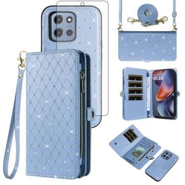 Imagem de Asuwish Capa de celular para Motorola Moto G 5G 2025 com zíper carteira destacável com protetor de tela transversal alça de cordão brilhante flip porta-cartão slot G5G 5 G G5 mulheres meninas azul