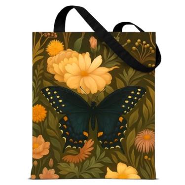 Imagem de QYCFDXD Sacola feminina de lona floral de borboleta vintage para borboleta, botânica, estética, reutilizável, bolsa de ombro para compras, compras, viagens, trabalho, praia