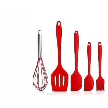 Imagem de Kit 5 Peças Utensílios De Cozinha Silicone Colher Espátula Espátula Pequena Pincel(5 peças-Vermelho)