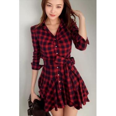 Imagem de Vestido Xadrez Vermelho Adulto  Manga Longa inverno roupas Femininas P