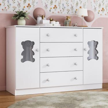 Imagem de Cômoda Infantil 125cm 2 Portas Com Vidro E 4 Gavetas Teddy Multimóveis Mp4490 Branco Branco
