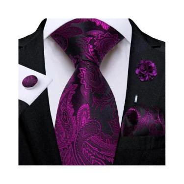Imagem de Gravata Masculina Floral Paisley Rosa Com Lenço De Bolso, Abotoaduras 