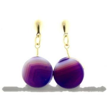 Imagem de Brinco Disco Pedra Agata Lilas Tarracha Dourado - CristaisdeCurvelo