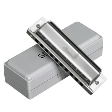 Imagem de Gaita Blues para crianças e adultos em chave C - Órgão bucal diatônico autêntico de 10 furos 20 tons para melodias com alma - ideal para iniciantes, profissionais e estudantes (prata, azul de 10 furos