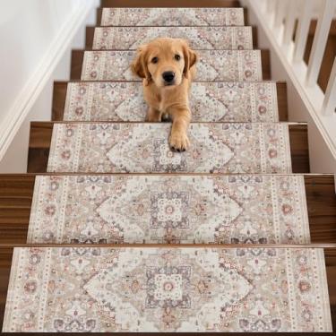 Imagem de Escada antiderrapante de 20 x 76 cm, tapete de escada com suporte de borracha bege lavável reutilizável para degraus de madeira, degraus de escada de segurança interna para crianças e cães idosos