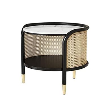 Imagem de KEG801302 Mesa lateral redonda de 2 camadas com prateleira de armazenamento para sala de estar e quarto, mesa de sofá redonda mesa de cabeceira para pequenos espaços, mesa de centro pequena