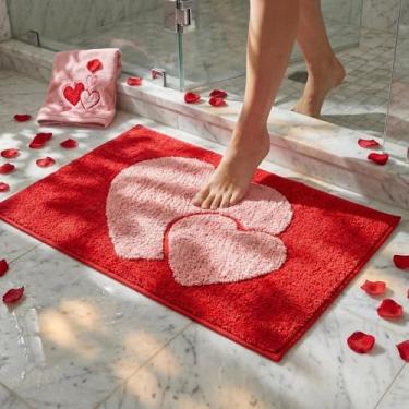 Imagem de Lyrow Tapete de banheiro de dia dos namorados com coração vermelho de pelúcia 3D, tapete de banho absorvente antiderrapante para decoração de banheiro dos namorados, tapete de chuveiro macio e