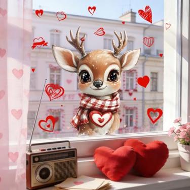 Imagem de Adesivos de janela de dia dos namorados com design de cervo fofo adesivos de janela de coração reutilizáveis de dupla face para decoração de exibição de porta de vidro de festa de aniversário de