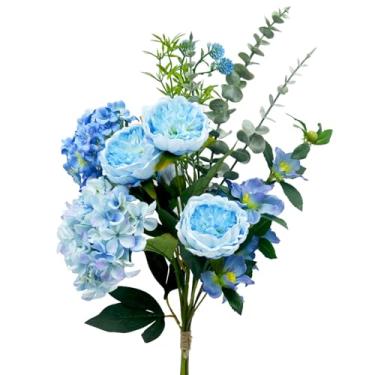 Imagem de Falorbale Buquê de flores artificiais – mistura de peônia e eucalipto de seda falsa, arranjos de flores artificiais para casa, decoração de escritório e mesa de jantar (azul)