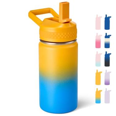 Imagem de Fijinhom Garrafa de água de 340 g, copo pequeno com canudo, garrafa de água para escola, garrafa isolada a vácuo de aço inoxidável 304, livre de BPA, à prova de vazamento, amarelo/azul