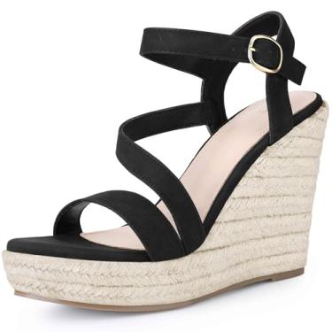 Imagem de Allegra K Sandália feminina plataforma plataforma tira no tornozelo salto aberto fivela sandálias, Preto, 37