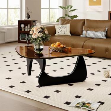 Imagem de PRITIY Mesa de centro de vidro triangular moderna de meados do século, base de madeira maciça e vidro temperado transparente vintage, mesas de centro para sala de estar e varanda (preto/marrom