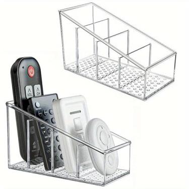 Imagem de 1 organizador de mesa de acrílico transparente, 4 compartimentos inclinados para controles remotos, maquiagem e material de escritório