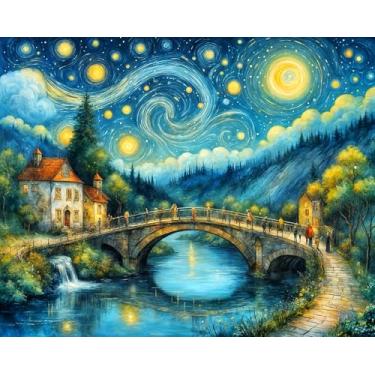 Imagem de AWLNKMC Pintura de ponte de céu estrelado por números para adultos, kits de pintura de árvore de casa por números para adultos iniciantes sem moldura, kits de pintura em tela acrílica para decoração