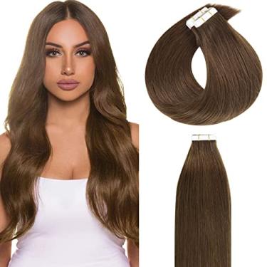 Imagem de Lacer Extensões de cabelo humano fita adesiva de cabelo humano trama invisível dupla face 35,5 cm fita de extensões de cabelo castanho chocolate em 20 peças/conjunto