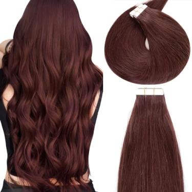 Imagem de Lacer Extensões de cabelo humano com fita adesiva vermelho vinho 50 cm fita reta vinho em extensões de cabelo humano real trama lateral dupla 20 peças 50 gramas por pacote