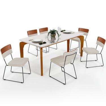 Imagem de Mesa Capri 160cm Off White 6 Cadeiras Allana B05 Faixa Couríssimo Camel Linho Champagne - Lyam Decor