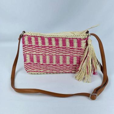 Imagem de Bolsa De Palha Artesanal Feminina Tiracolo Com Alça Transversal Moda Praia Verão Com Pom Pom pink