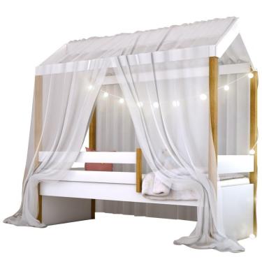 Imagem de Cama Montessori Cabana Com Cordão Led E Dossel Branco