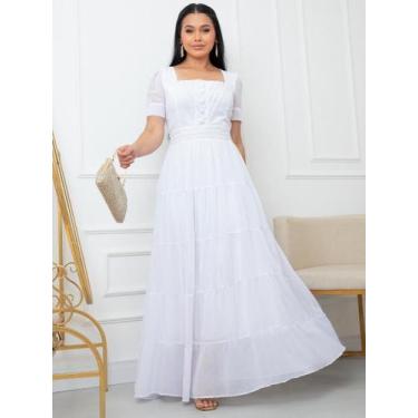 Imagem de Vestido Longo Feminino para Festa Elegante Decote Quadrado Noiva Casam