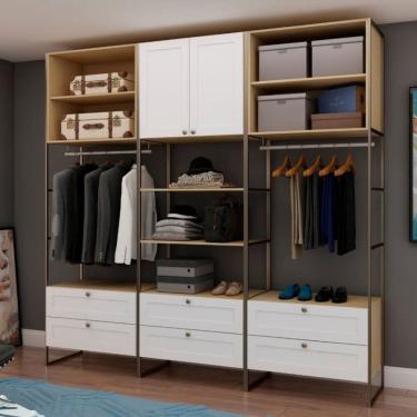Imagem de Guarda-roupa Módulo para Closet Casal Mdf com Metalon 3 Módulos 6 Gavetas Infinity Savana/Branco