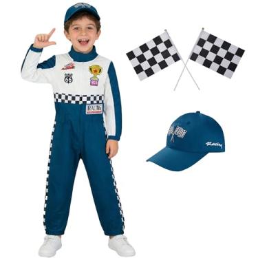 Imagem de Kosgraiy Fantasia de piloto de corrida infantil, menino e menina macacão de corrida com boné pontiagudo, fantasia infantil de corrida para Halloween, G/140