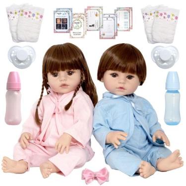 Imagem de Kit Bebê Reborn Gêmeos Realistas Casal 52cm De Silicone Acessórios Env