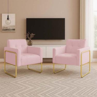 Imagem de Poltrona Sala Industrial Alta Tubo Dourado Kit 2 Elisa Suede Rosa Bebê