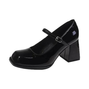 Imagem de Sandálias Femininas De Couro Preto Estilo Mary Jane Com Fivela Vintage