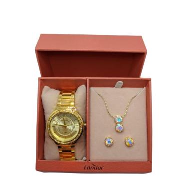 Imagem de Relógio feminino dourado kit com colar e brinco inox com caixa brilho condor social