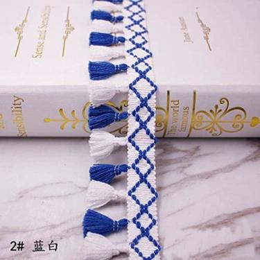 Imagem de 1 jardas/lote borla borla guarnição de tecido borlas guarnições de renda franja com borlas para decoração de cortinas diy acessórios de costura, 2 azul e branco