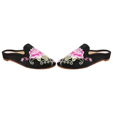 Imagem de 1 Par Chinelos Bordados Bico Fino Sapatilha Bico Fino Com Bordado Floral Sandálias Chinesas Chinelos Bordados De Estilo Étnico Casual Confortável Senhoras Sapatos De Chão