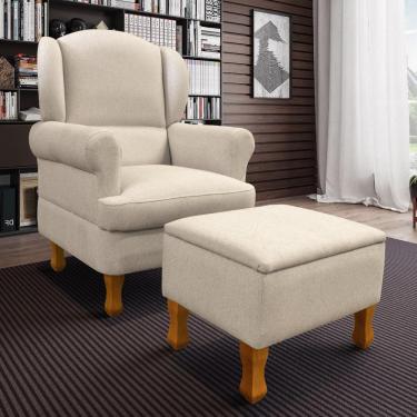 Imagem de Poltrona para Amamentação Sabrina em Linho com Pés em Madeira e Puff Baú - Bege