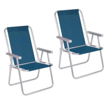 Imagem de Kit 2 Cadeira Praia Alta Alumínio Conforto 120 Kg Mor Azul