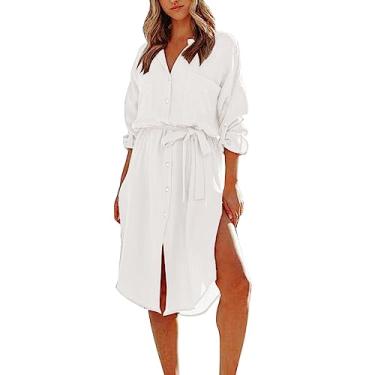 Imagem de Vestido feminino de manga comprida com botões e fenda lateral para praia, vestido curto com bolsos, Branco, G