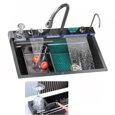 Imagem de Cuba Premium Gourmet Luxo Pia Inox Cozinha Torneira Mangueira Cascata Agua Quente Fria