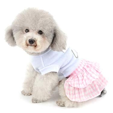 Imagem de SMALLLEE_LUCKY_STORE Love Sweet Heart Vestido xadrez para cães pequenos para o dia dos namorados, camiseta de algodão, saia de verão, roupas Yorkie, médio, rosa
