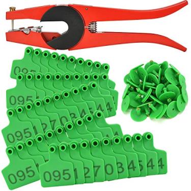 Imagem de 100 conjuntos de etiquetas auriculares de identificação de gado para bovinos e touros numerados plástico animal TPU brinco de aves (verde) com 1 aplicador de alicate