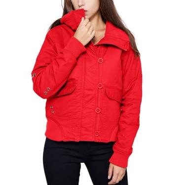 Imagem de ZHONKUI Jaqueta de inverno 2023 feminina, curta, caimento justo, acolchoado, jaqueta de transição corta-vento, Vermelho, G