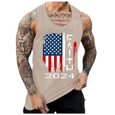Imagem de Camiseta regata masculina com bandeira americana, sem mangas, para treino, academia, atlética, 4 de julho, camiseta patriótica, C#_cáqui, 3G