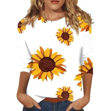 Imagem de Camiseta feminina de manga 3/4 com estampa floral para sair 2024 moderna verão casual macia blusa básica leve, Preto, XXG
